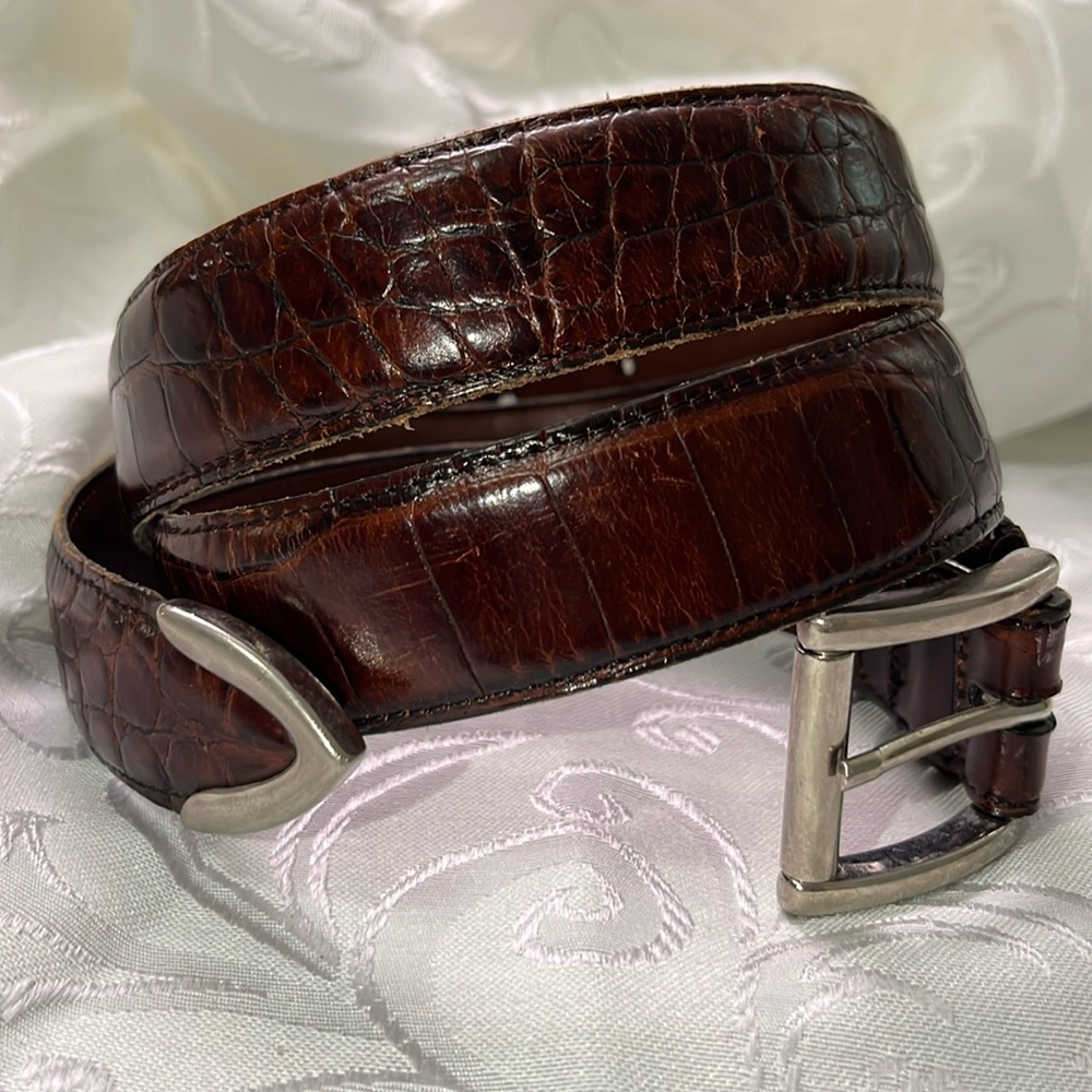 VTG Crook Horn Chocolate Bella Croc handcrafted Leather Brass Belt, Sz 34